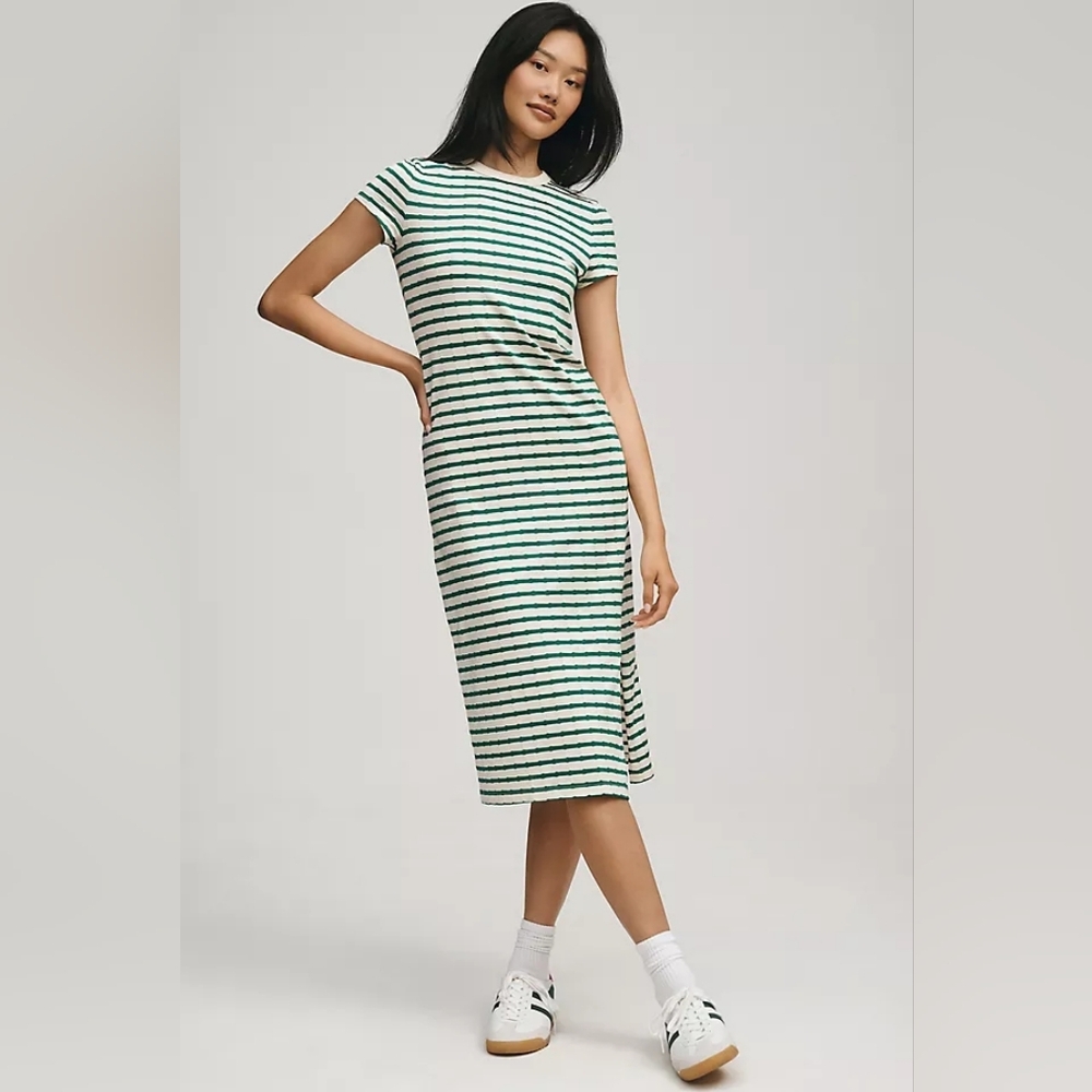 Striped Short-Sleeve Midi Dress in Green and White